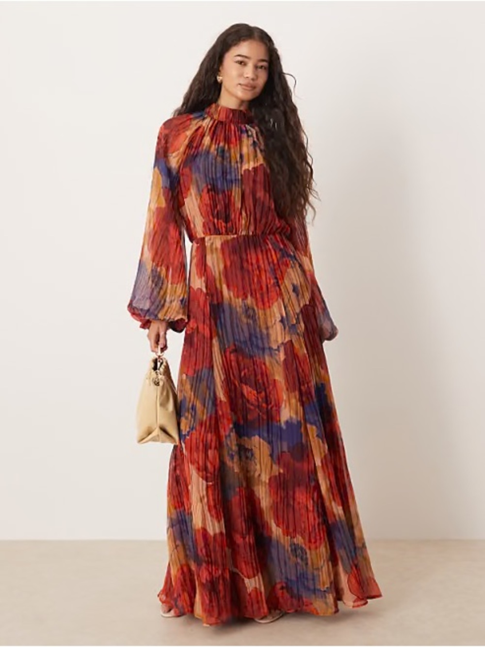 ASOS Design High Neck Crinkle Maxi Dress with Blouson Sleeves in Red Blue Floral